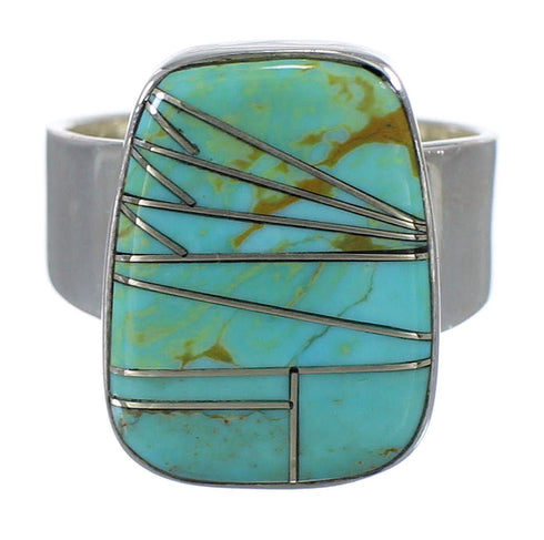 Southwestern Turquoise Inlay Silver Ring Size 6-3/4 AX88264